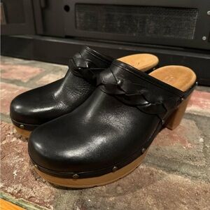 Clarks Black Leather Clogs with Tan Sole